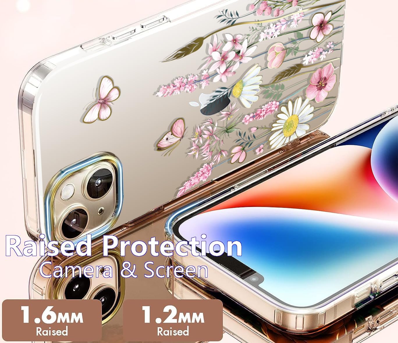 luolnh Funda compatible con iPhone 15 con correa de muñeca, para mujeres y niñas, a prueba de golpes, transparente, patrón floral, cubierta trasera