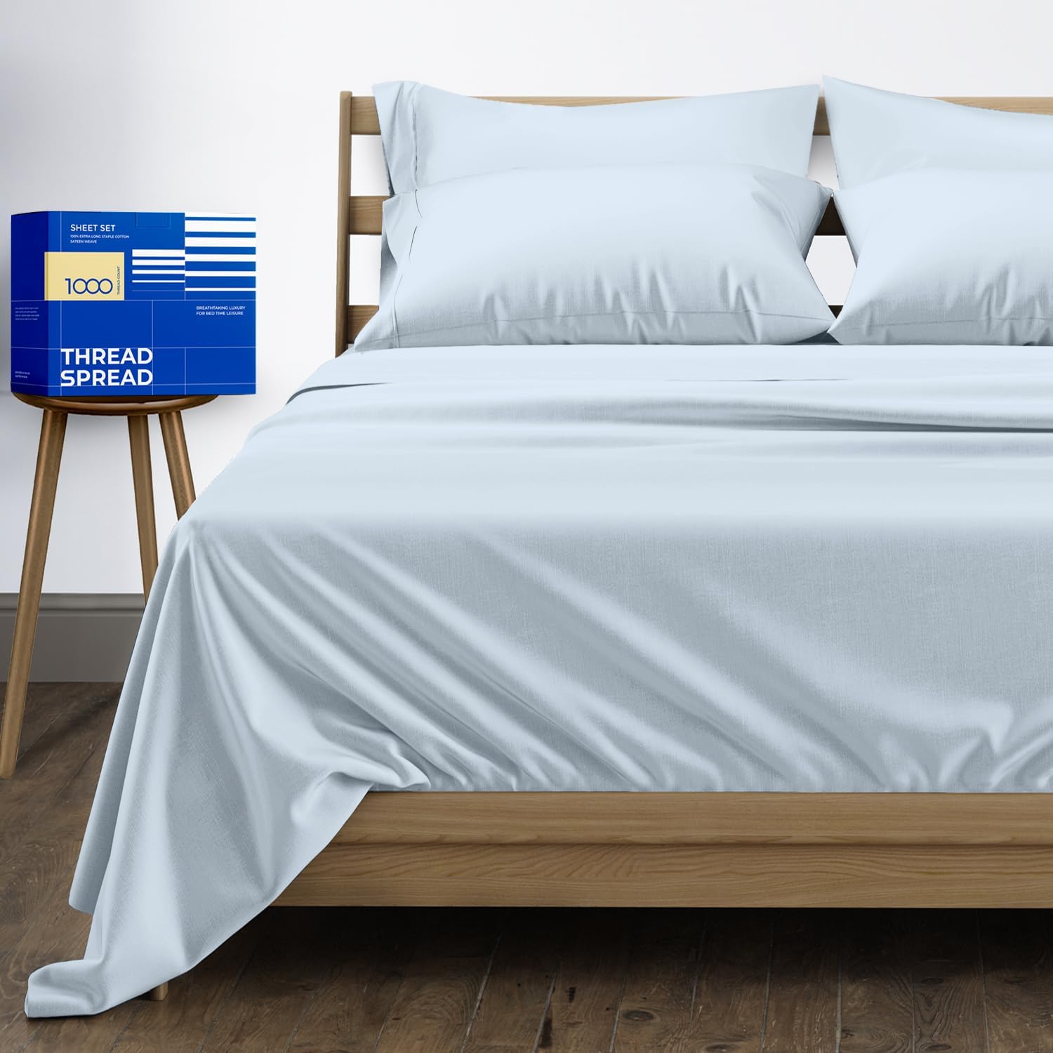 Juego de sábanas de algodón puro tamaño King (King, 1000 hilos), fundas de almohada azul claro (6 unidades), sábanas de algodón tamaño King, sábanas