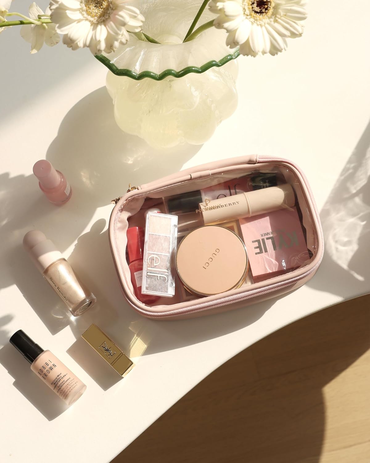 Pocmimut Bolsa de maquillaje transparente, bolsa de cosméticos de piel sintética, bolsa de maquillaje, accesorios de automóvil, organizador de