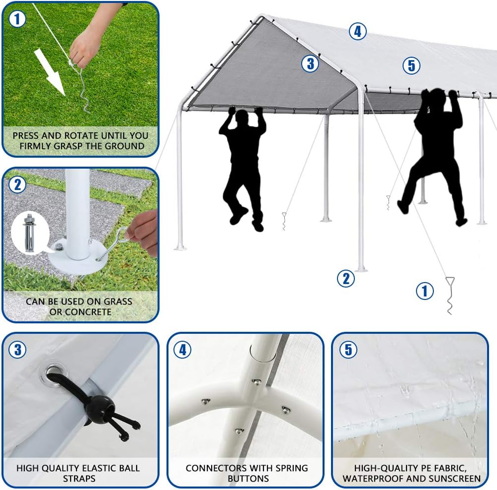 Carport – Tienda de campaña resistente de 10 x 20 pulgadas, kit de cochera de metal, tienda de campaña con 6 patas de acero reforzado para