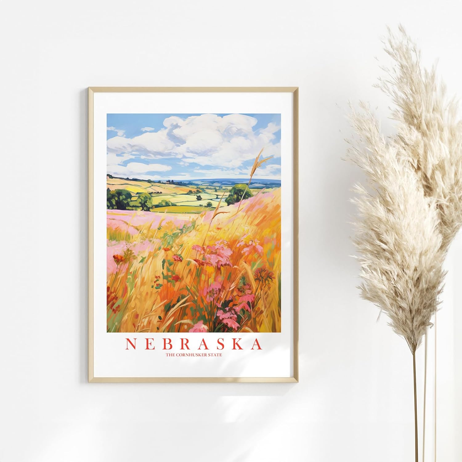 Nebraska Travel Print Cornhusker State Souvenir Yellow Orange Pink Wall Art Retro Poster Scenic Landscape Painting (8×10 inches)