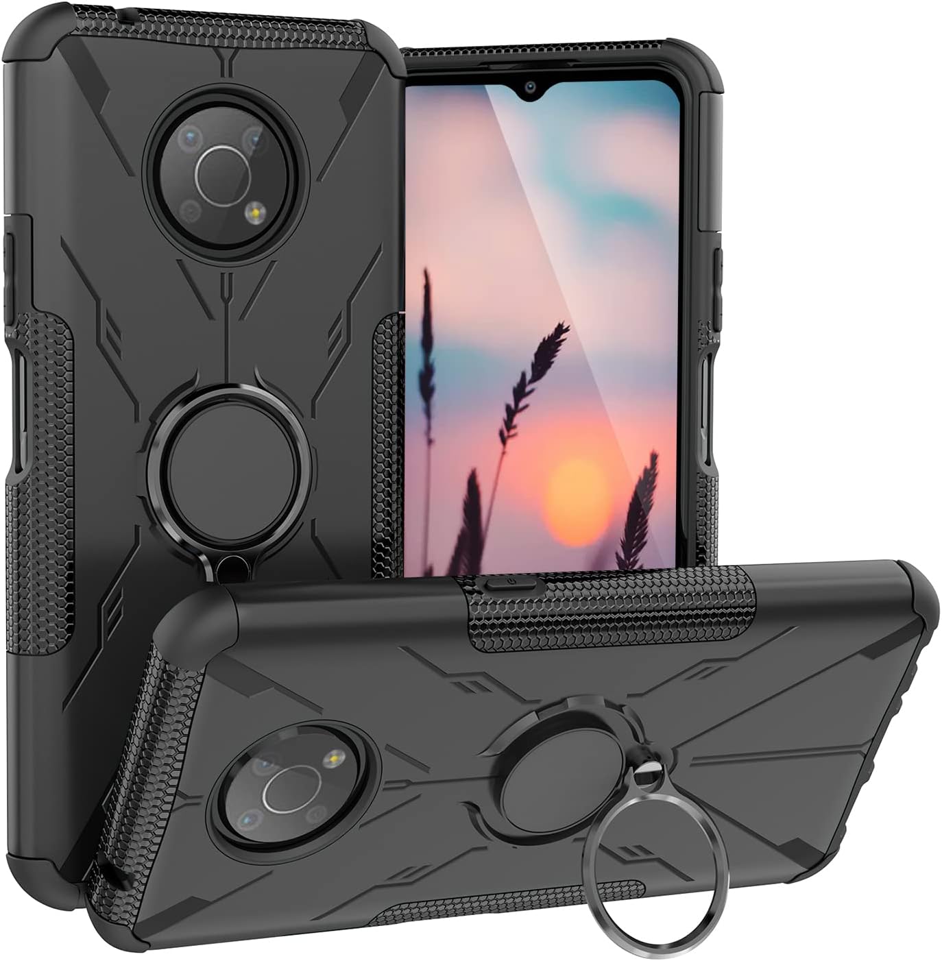 TJS Funda compatible con Nokia G300 5G de 6.5 pulgadas (N1374DL), anillo de metal, soporte magnético, función atril, resistente contra caídas (negro)