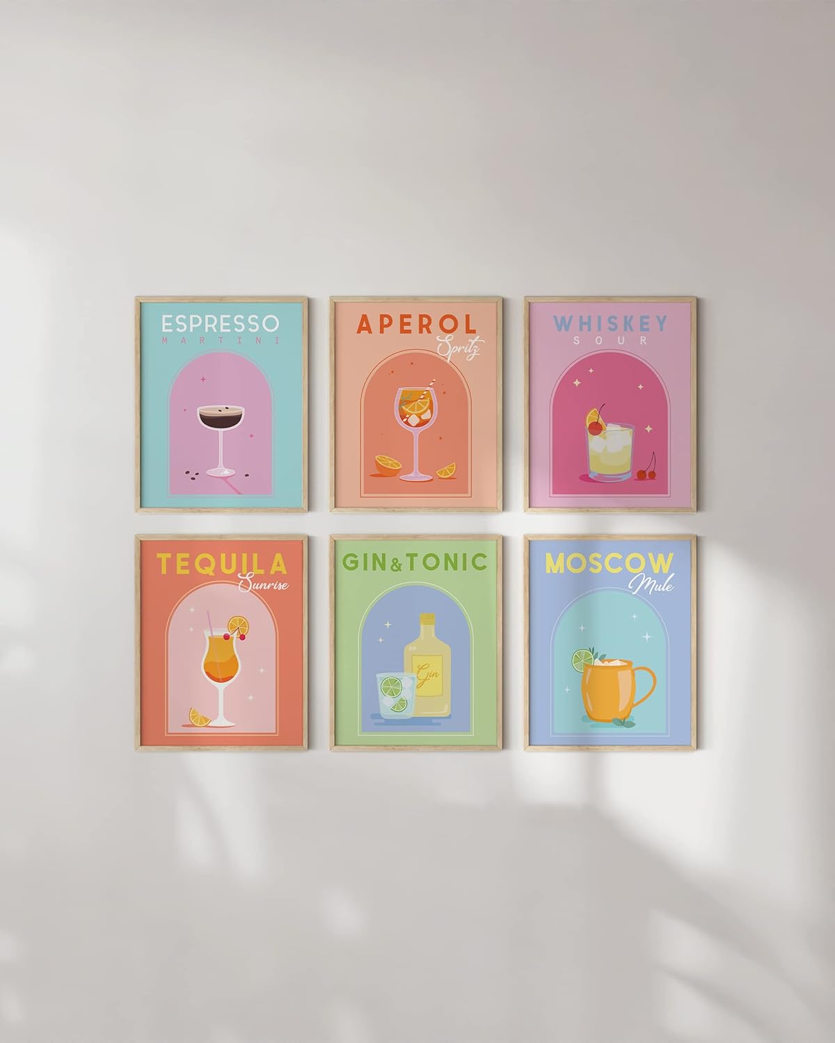 HAUS AND HUES Póster de alcohol en colores pastel daneses, juego de 6 pósteres estéticos de cóctel, fotos preparadas para pared, pósteres de