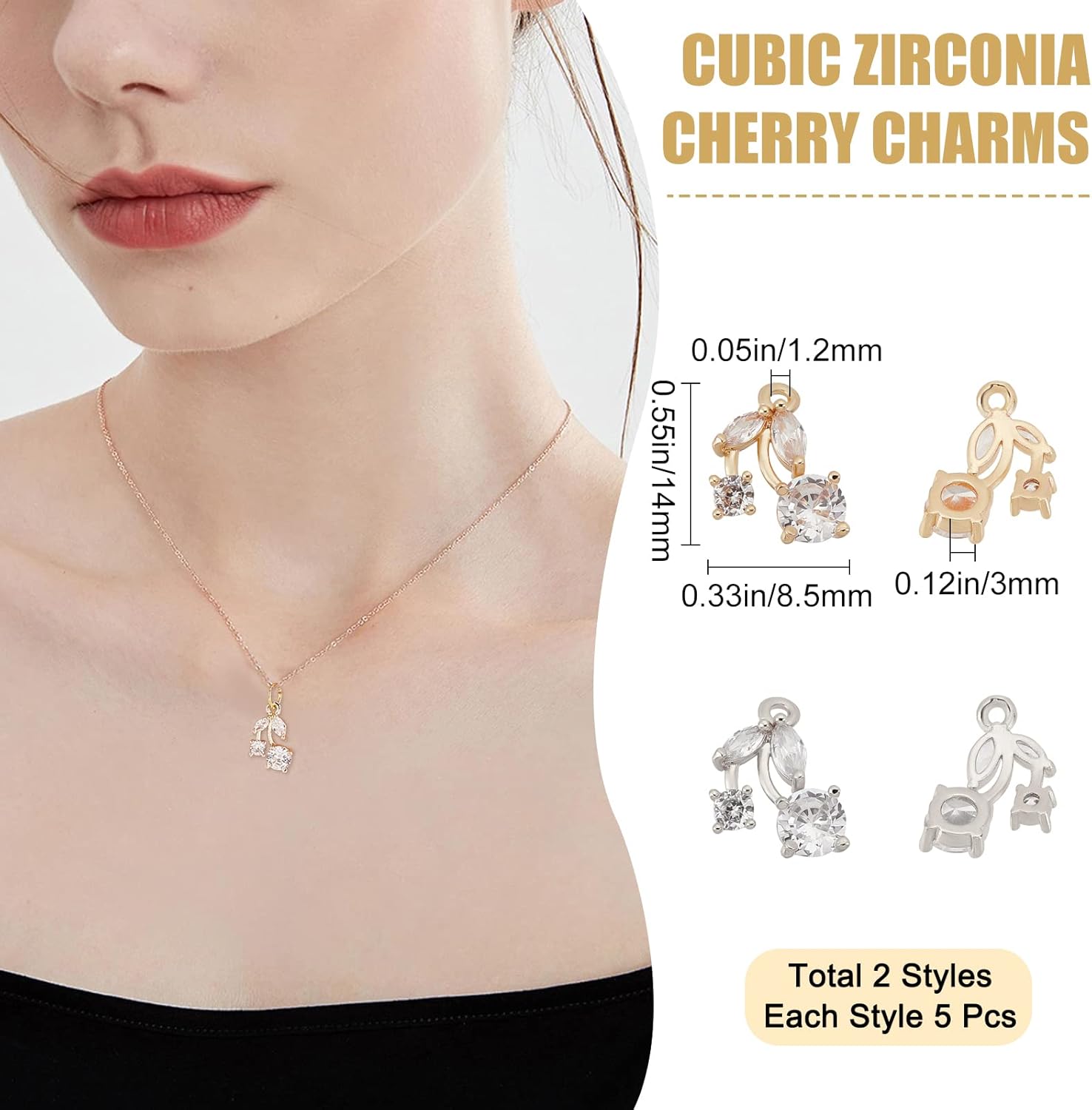 Beebeecraft 10 dijes de cereza transparente con circonita cúbica en forma de fruta, colgantes chapados en latón con circonita cúbica, plata y oro
