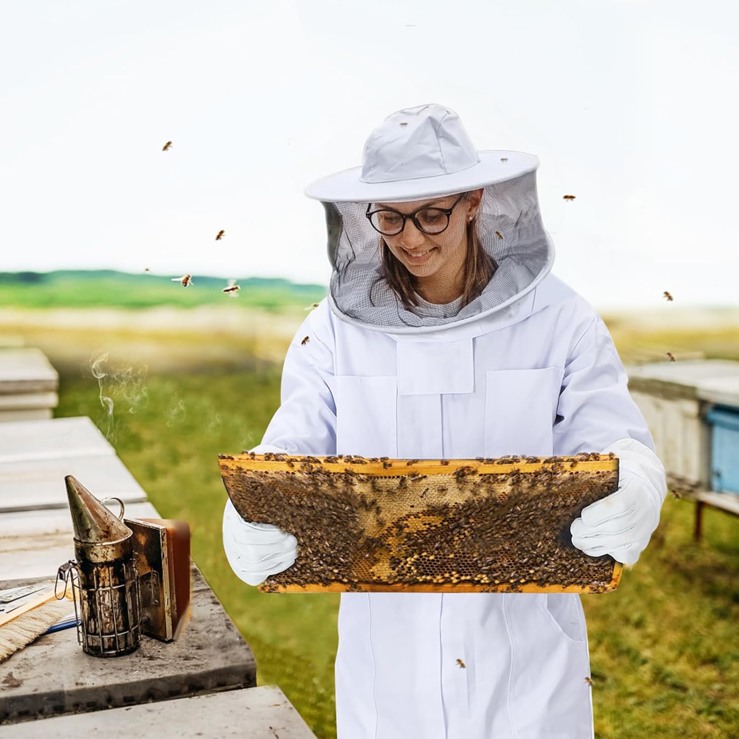 Traje de abeja para hombres y mujeres con guantes y 2 capotas de velo, a prueba de picaduras, traje de apicultura a prueba de picaduras, tela