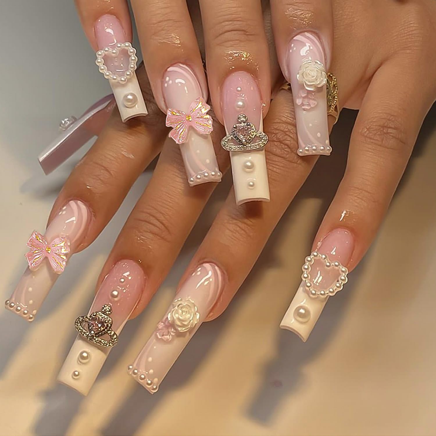Kawaii – Uñas postizas largas a presión cuadradas rosadas, uñas postizas con dulces dulces y dulces con corazón 3D, oso, lazo, perla, flores, diseño
