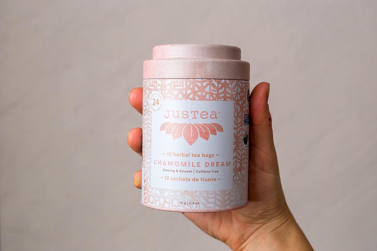 JusTea Chamomile Dream  Bolsas de té compostables con pirámide  Té de hierbas  Más de 12 tazas  Sin cafeína  Galardonadas  Comercio Justo  Sin OMG