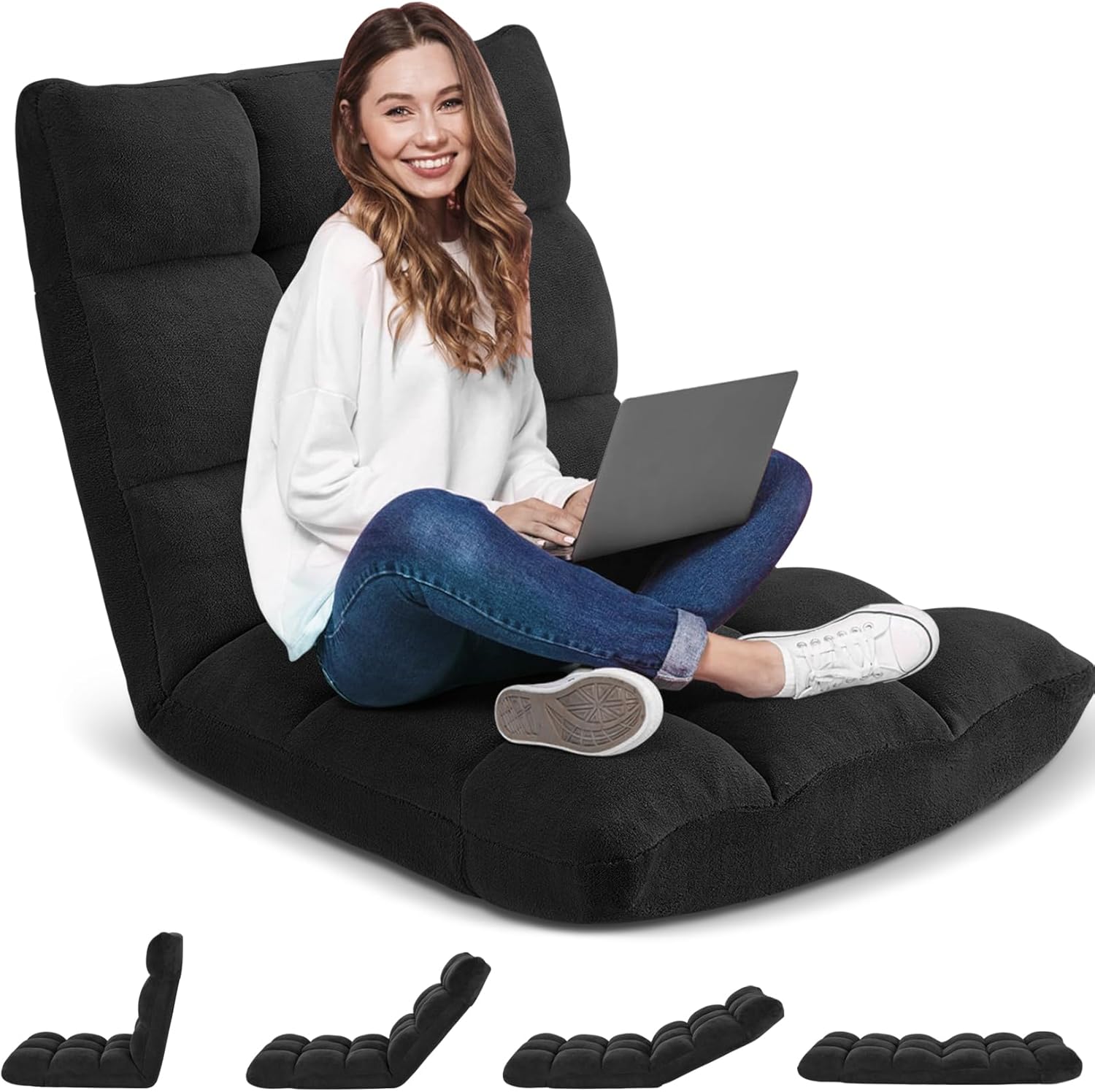 Avocahom Silla plegable para juegos de suelo, respaldo ajustable de 14 posiciones, franela agradable al tacto y marco de aleación de aluminio, ideal