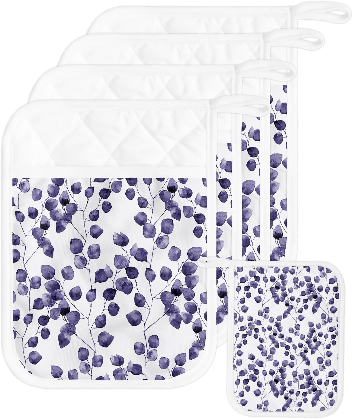 Purple 5Pcs Pot Holders for Kitchen, Non Slip & Heat Insulation Terry Cloth Potholder Set with Pocket, Thick Hot Pad Oven Mitts Trivet Coaster for