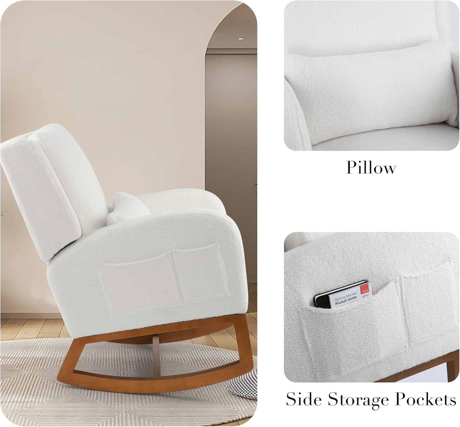 LSSBOUGHT Mecedora mullida para guardería, tela de peluche, cómoda mecedora reclinable para sala de estar, dormitorio, sillón acogedor con respaldo