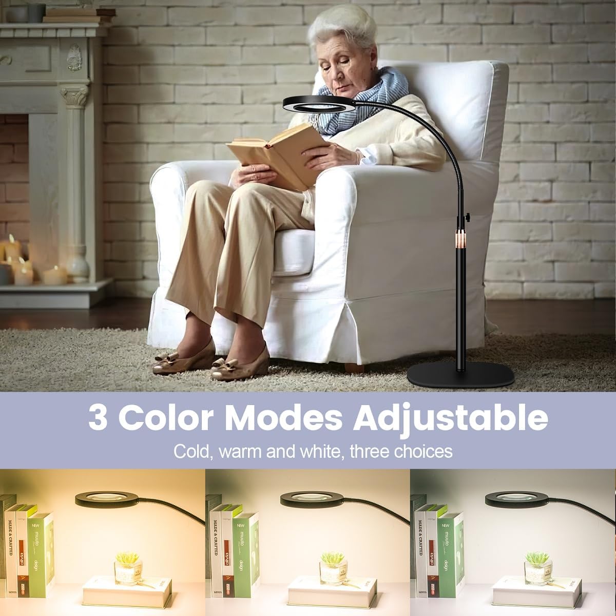 NUEYiO – Lupa 10X con luz y soporte, lámpara de pie con lupa LED regulable de 3 colores, con cuello de cisne de 24 pulgadas, brazo oscilante