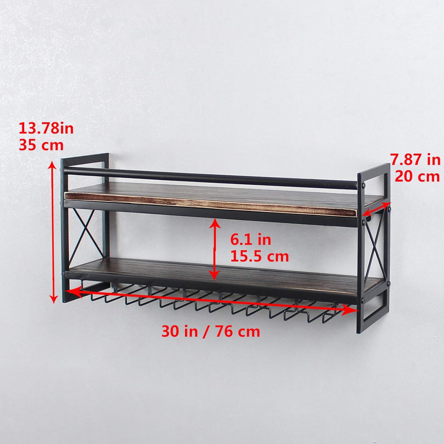 MBQQ Estante de vidrio para vino, estante industrial de madera de 2 niveles, estantes de vino de 30 pulgadas para montar en la pared con 7 soportes