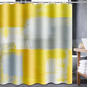 Lnond Cortina de ducha amarilla para baño, juego de cortinas de baño abstractas degradadas con 12 ganchos, arte amarillo y gris, decoración de baño, Lnond Cortina de ducha amarilla para baño, juego de cortinas de baño abstractas degradadas con 12 ganchos, arte amarillo y gris, decoración de baño,