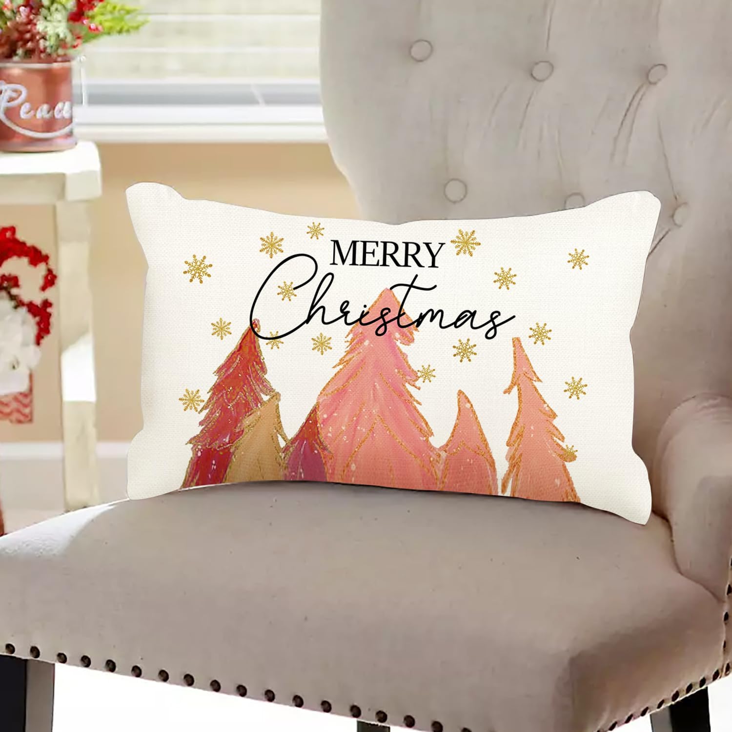 Fundas de almohada de Navidad de 12 x 20 pulgadas, diseño de copo de nieve de árbol de Navidad, decoración de vacaciones, funda de cojín para el