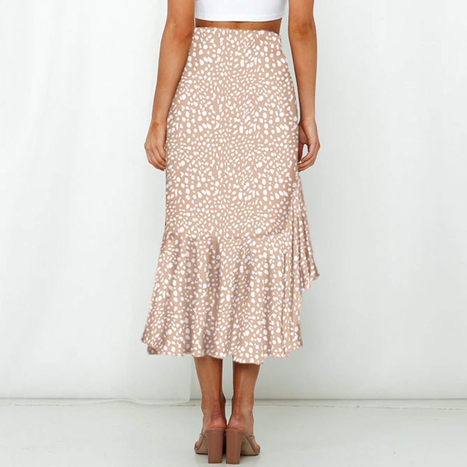 Bravetoshop – Falda midi de cintura alta con estampado floral bohemio para mujer, falda asimétrica con volantes y dobladillo acampanado