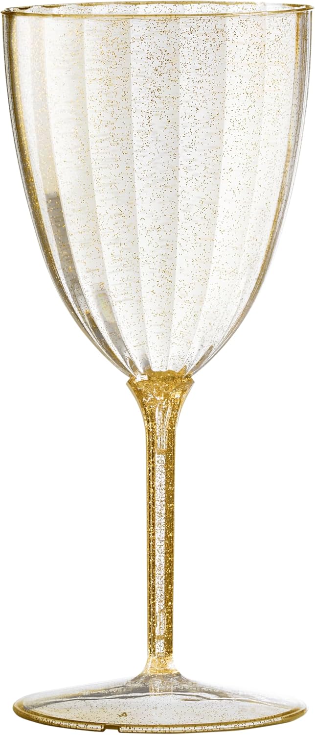Posh Setting Copas de vino de plástico dorado con purpurina de 7 onzas, vasos desechables de plástico duro, tazas con tallo para tostar, bodas,