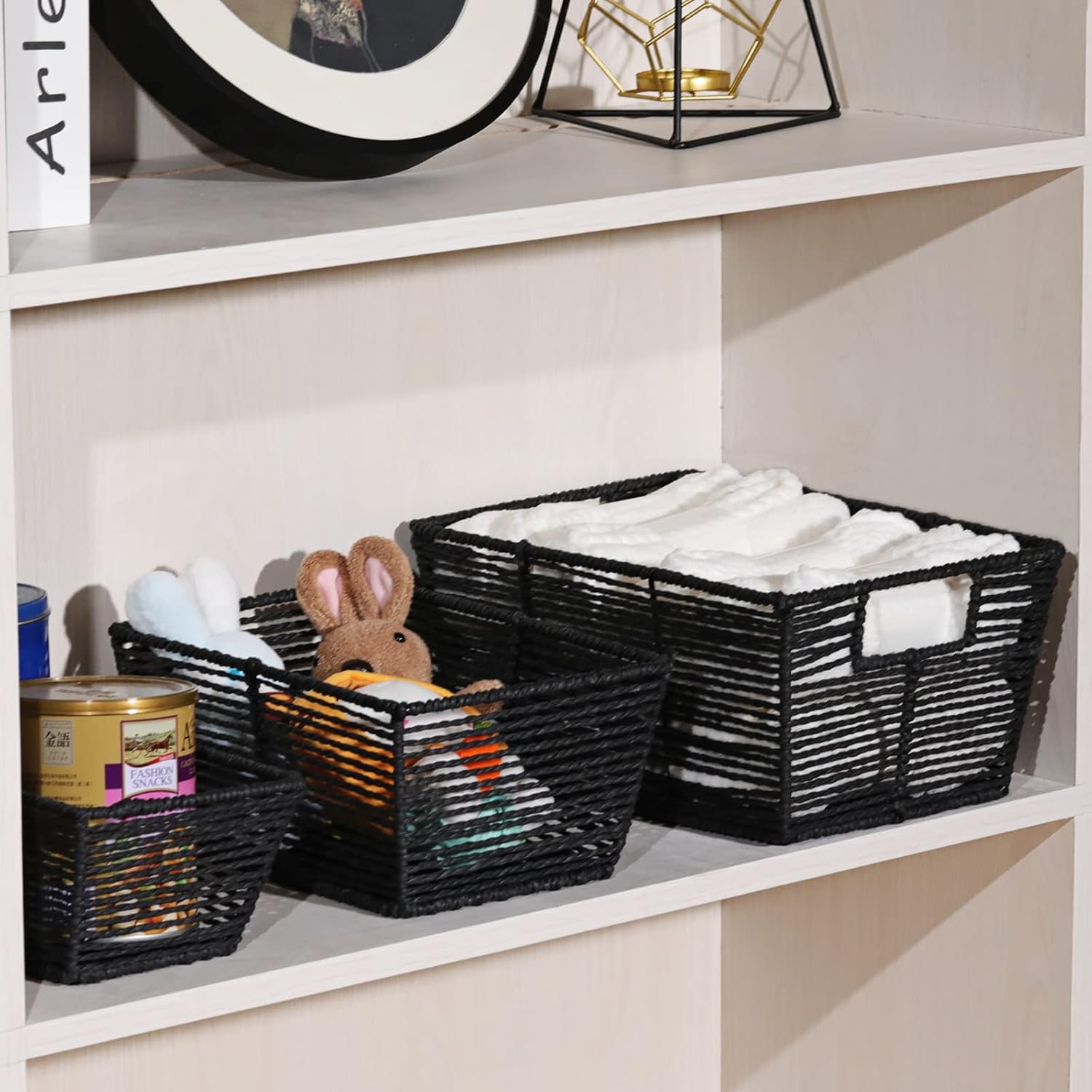 Vagusicc Cestas de mimbre, cestas redondas de cuerda de papel negro para almacenamiento, cestas tejidas rectangulares para organización y