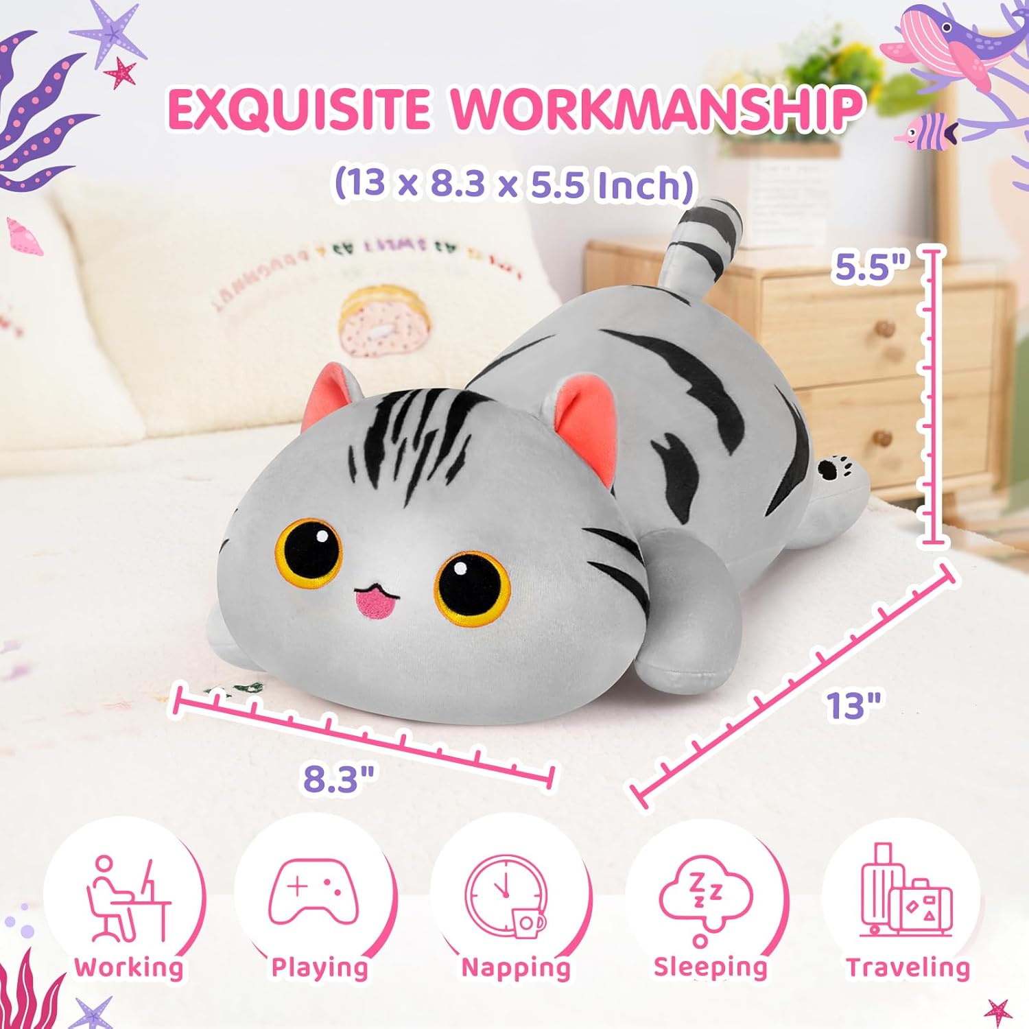 Linda almohada de felpa con diseño de gato, juguetes de peluche Kawaii a rayas grises de gato, peluches esponjosos, almohada corporal para niños y