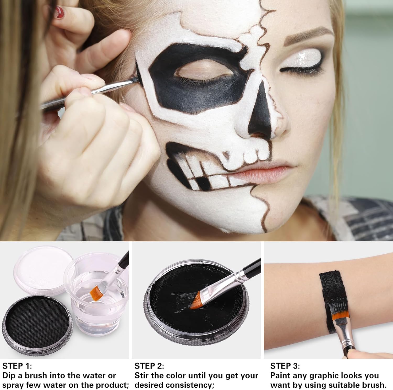 Pintura facial negra y blanca de payaso con 3 pinceles de pintura, paleta de maquillaje SFX a base de agua para niños y adultos, pintura facial no