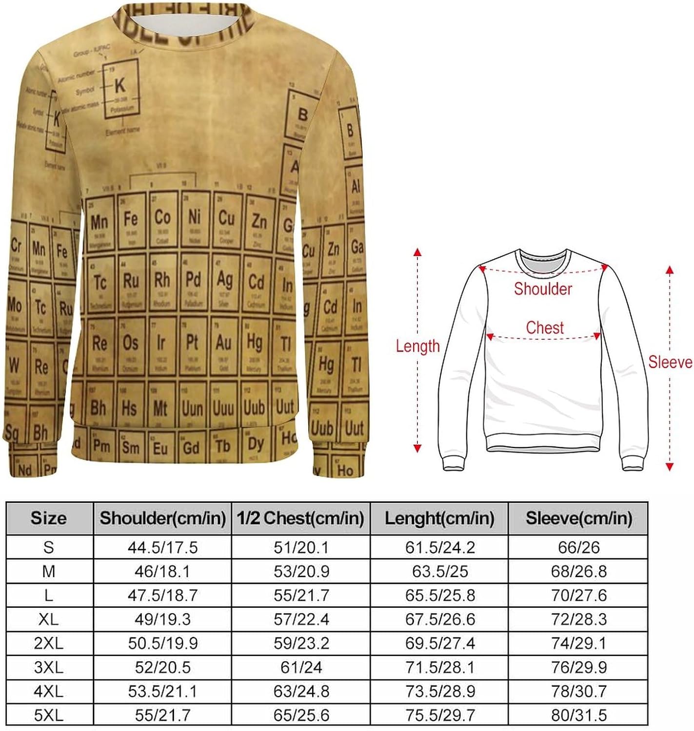 Science Elements Chemistry Crew Neck Pullover for Men Loose And Casual Sweatshirt Long Sleeve T Shirt