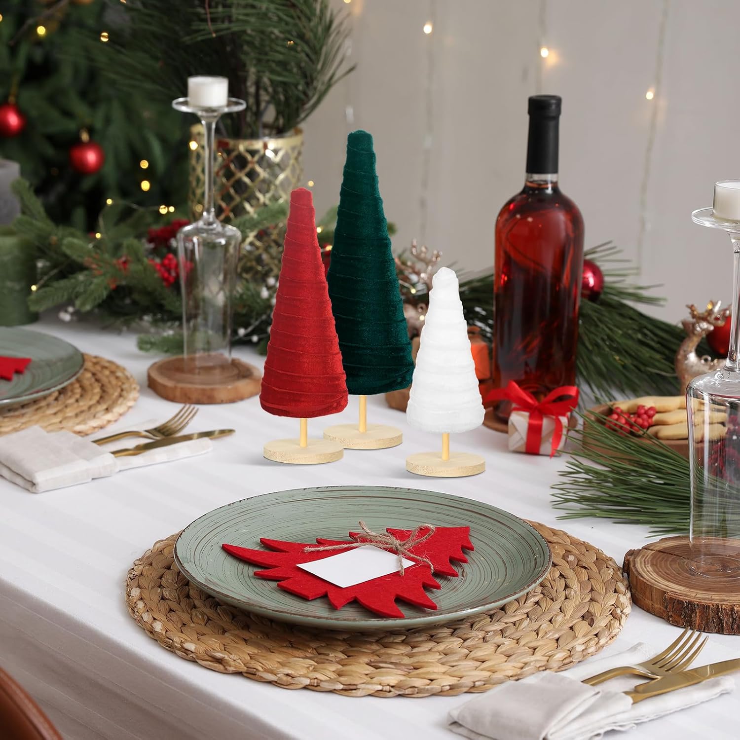 Juego de 3 árboles de terciopelo con pedestal de Navidad, decoración moderna para árbol de invierno, 3 tamaños, decoraciones de terciopelo de