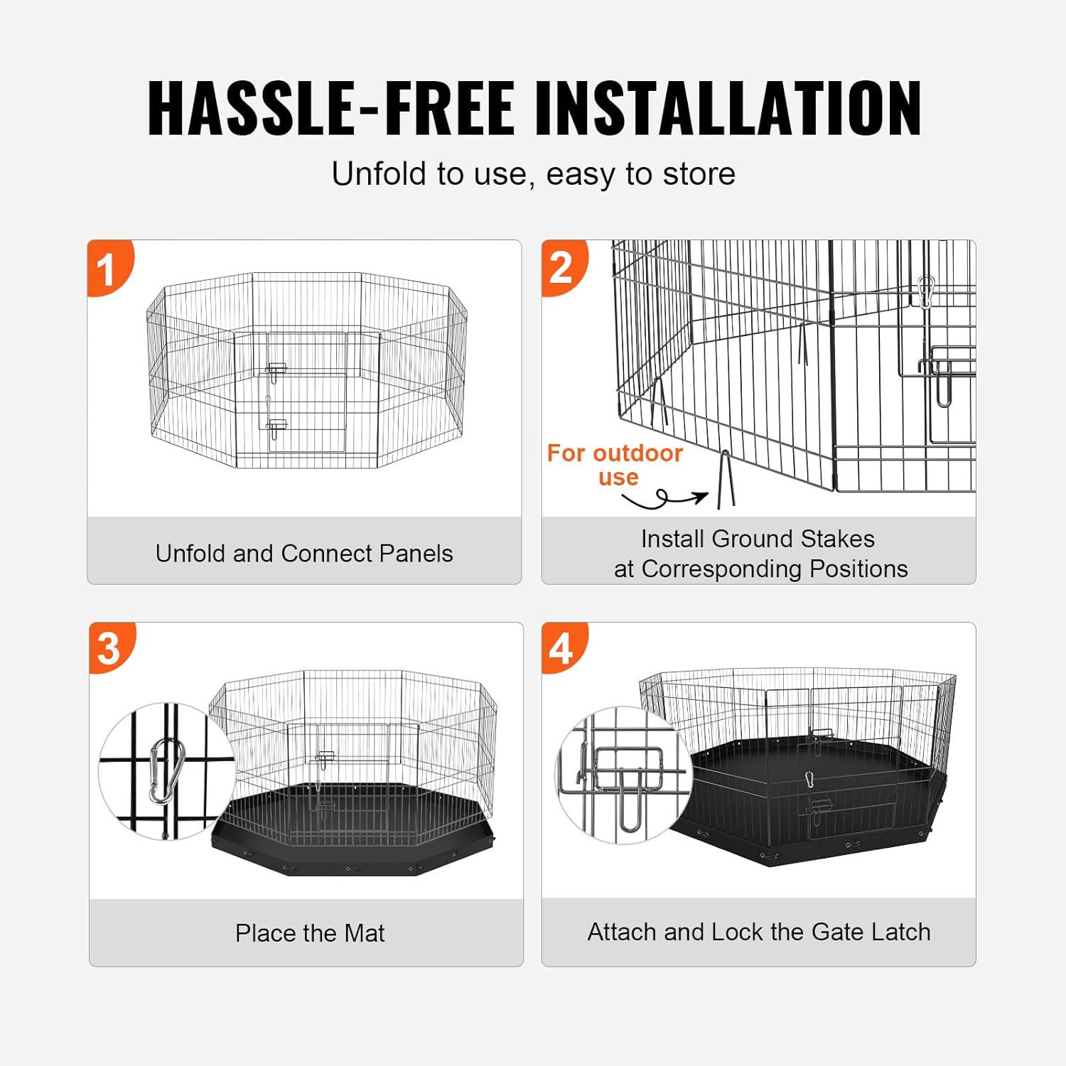 VEVOR Corralito plegable de metal para perros, valla para mascotas para acampar con almohadilla inferior, 24 pulgadas de alto, 8 paneles de jaula