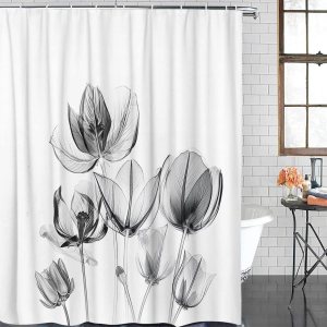 QueenKer Cortina de ducha, tulipanes de flores, color negro, floral, impermeable, juego de cortina de ducha con 12 ganchos, cortinas de baño para QueenKer Cortina de ducha, tulipanes de flores, color negro, floral, impermeable, juego de cortina de ducha con 12 ganchos, cortinas de baño para