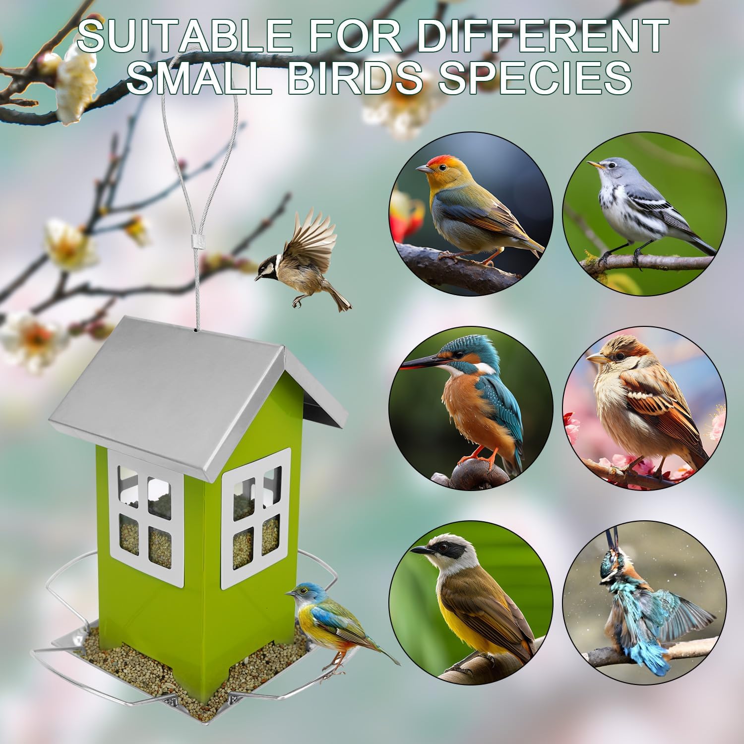 Hugeleaf – Comedero para pájaros para exteriores, todo de metal con techo extraíble, comederos colgantes para pájaros silvestres con 4 puertos,