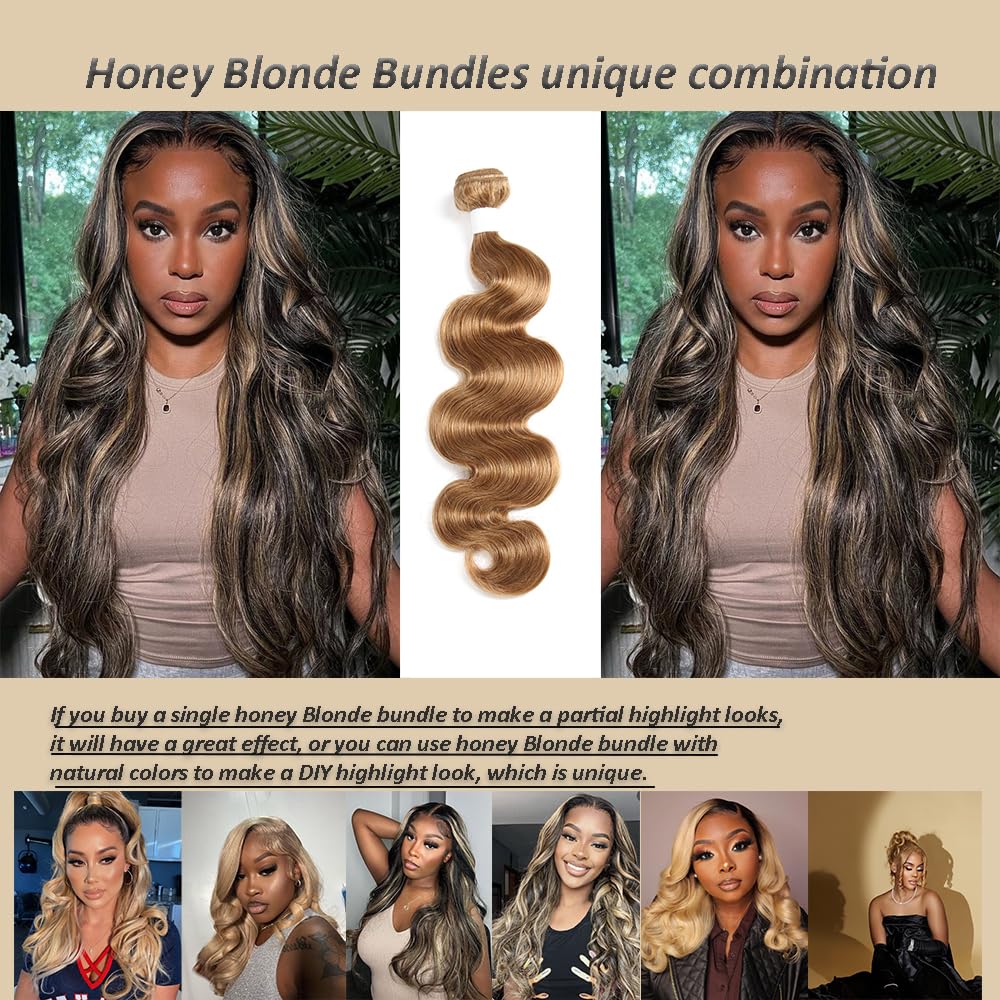 X-TRESS Extensiones de cabello de 18 pulgadas, color #27, 1 rubio miel, 100% cabello humano brasileño 27, ondulado, extensiones de cabello humano