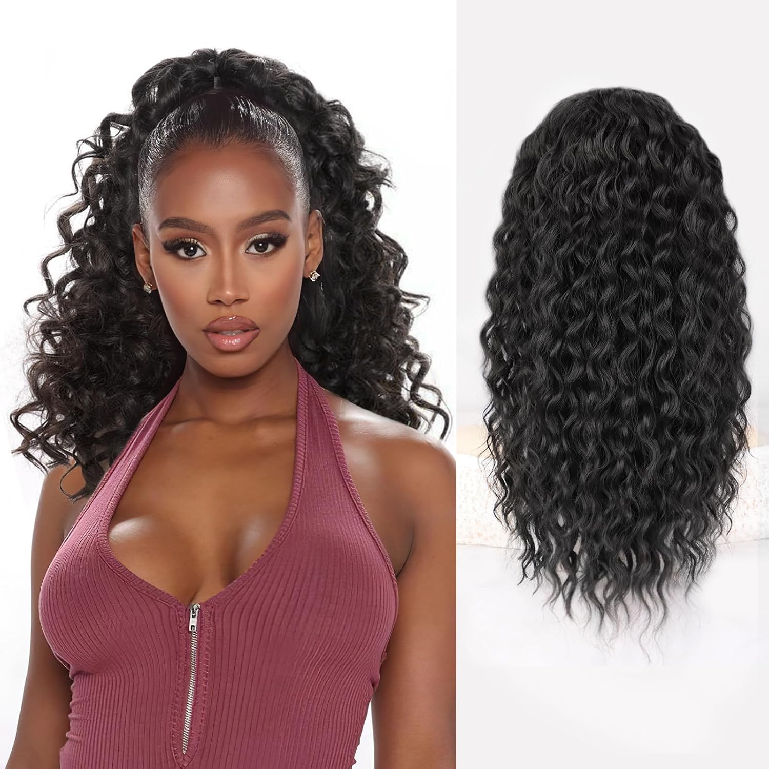 QGZ Extensión de cola de caballo con cordón para mujeres negras, 18 pulgadas, sintética, larga, afro, rizado, esponjoso, para uso diario (negro)