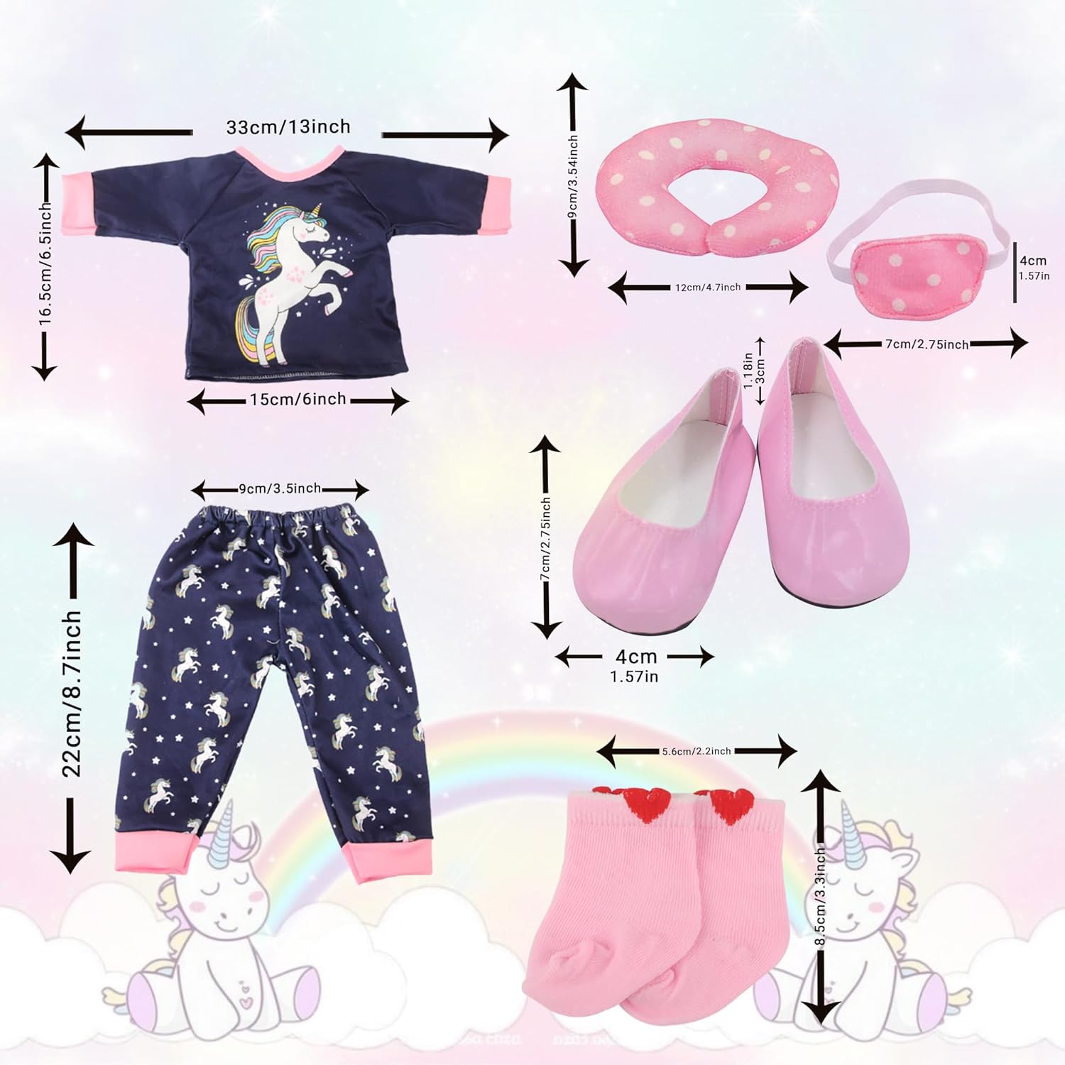 MSYO Conjunto de pijama de muñeca de 18 pulgadas, conjunto de ropa de dormir con temática de unicornio que incluye parte superior de pijama,