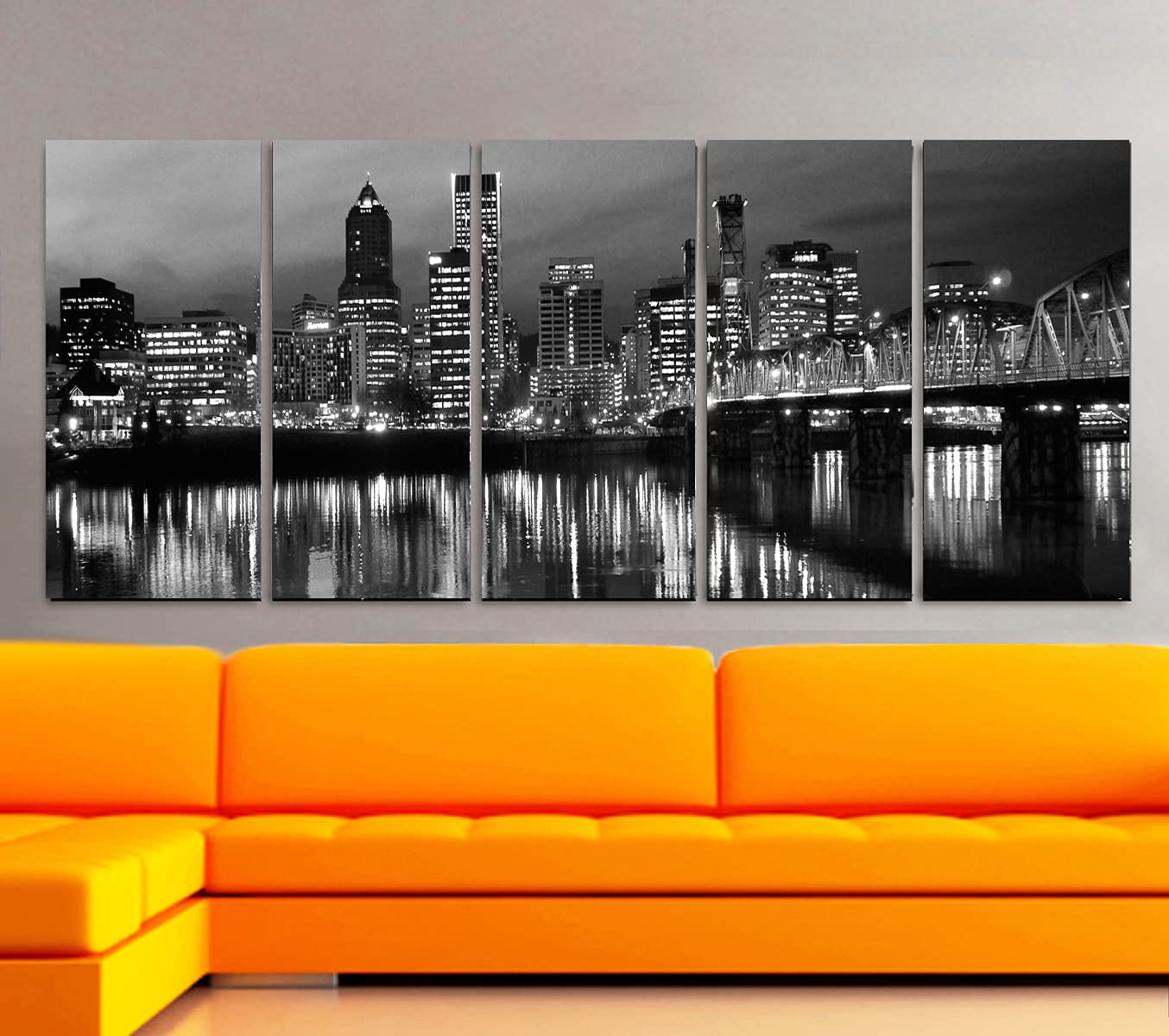 XLARGE 30″x 70″ 5 Panels 30″x14″ Ea Art Canvas Print Portland Oregon skyline Black & white Wall Home decor (framed 1.5″ depth)
