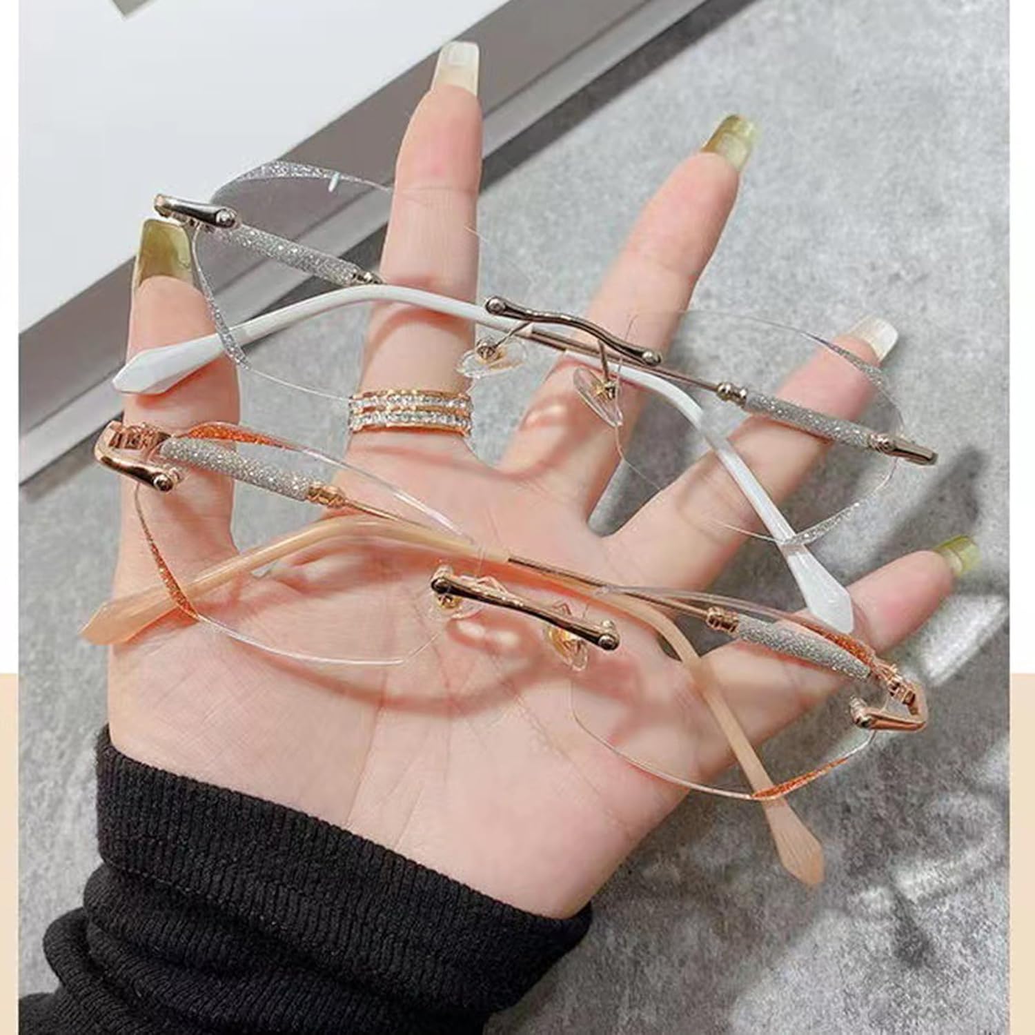 Donpidd Gafas de lectura sin montura de luz anti-azul de moda, gafas de presbicia de luz anti-azul sin montura de diamante para mujer