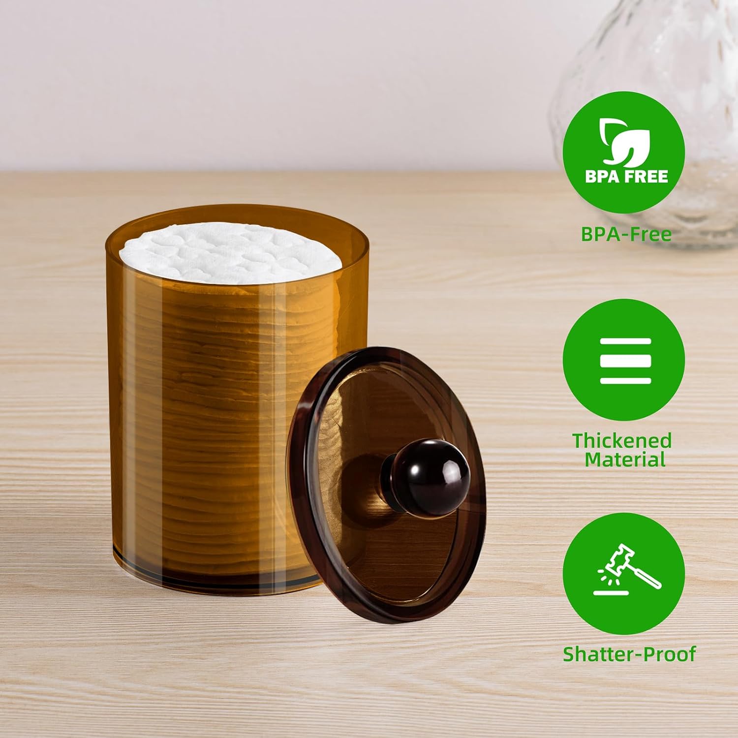 Paquete de 4 soportes Qtip para boticario, dispensador de bolas de algodón, tarros de baño con tapas para algodón redondo, hisopo de algodón,