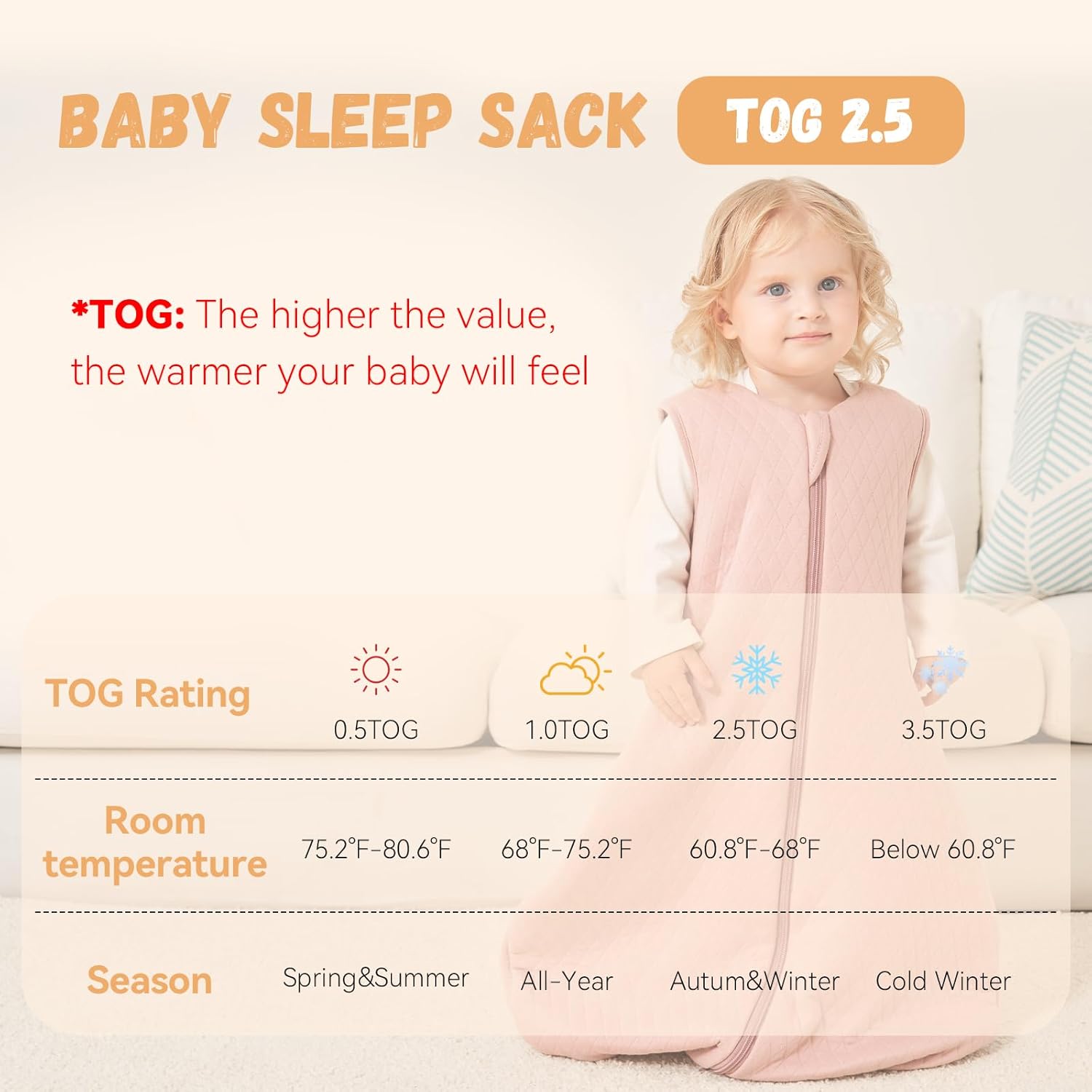 Yoofoss Saco de dormir para bebé de 6 a 12 meses TOG 2.5 Manta de invierno para bebé, 100% algodón, saco de dormir infantil con cremallera de 2 vías