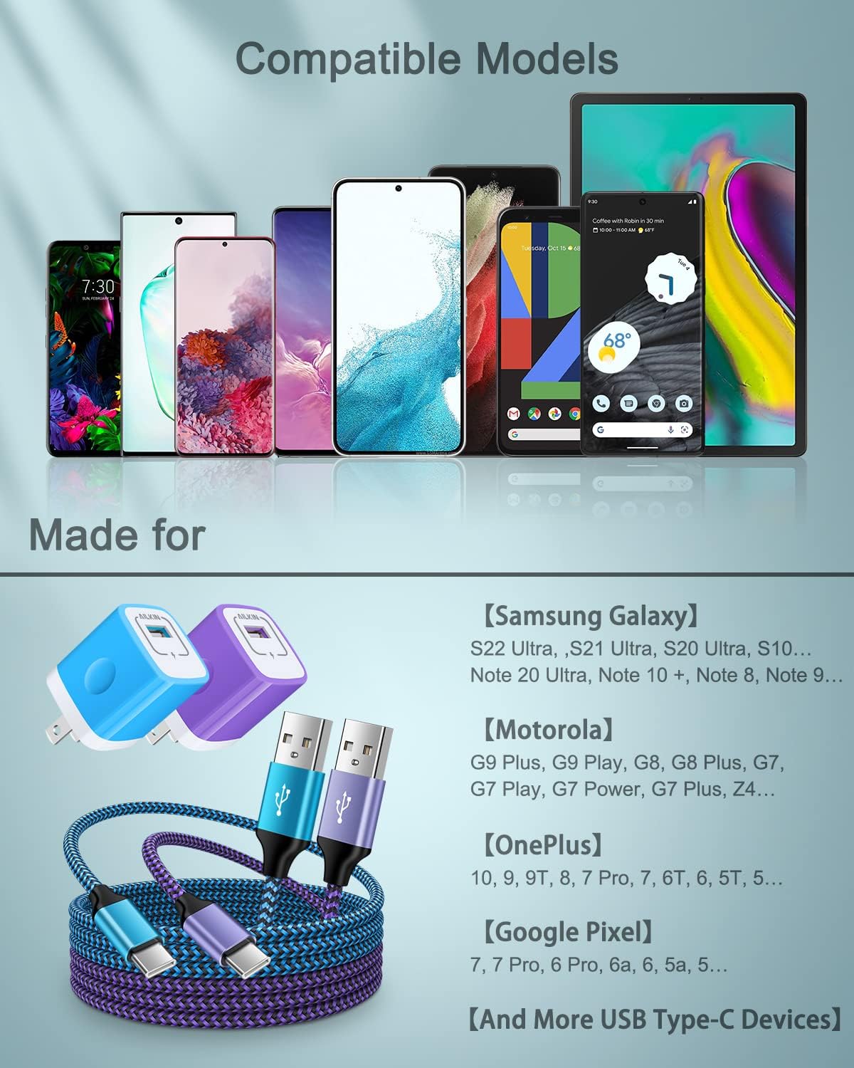 Cargador Android para Samsung Galaxy S24 S23 S22 Ultra S21+ A14 5G iPhone 15 Pro Max 15Pro 15 Plus, Google Pixel 8 7 Pro 6 6a 5 USB C Bloque de
