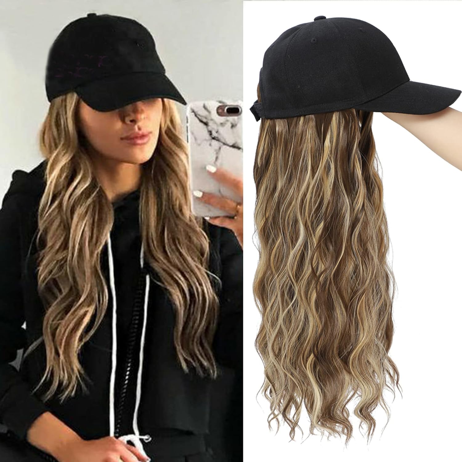 Peluca de gorra de béisbol, extensiones de cabello largo natural ondulado con sombrero, resistente al calor, fibra sintética, peluca ajustable para