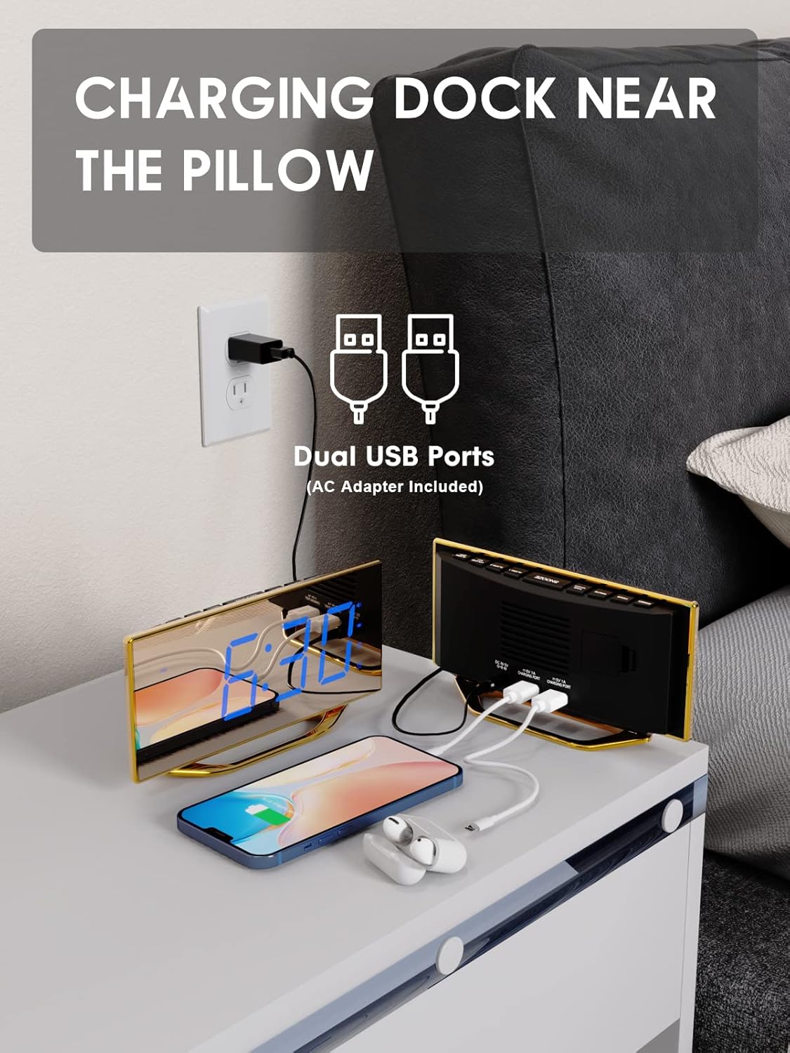 Reloj despertador digital con pantalla grande para adultos y adolescentes que duermen pesadamente, relojes de espejo dorado de 8.7 pulgadas para