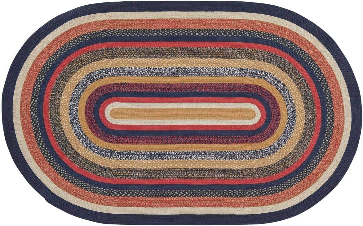 VHC Brands Stratton Primitive – Alfombra decorativa ovalada a rayas azules de yute con almohadilla para el suelo, 60 x 96 pulgadas