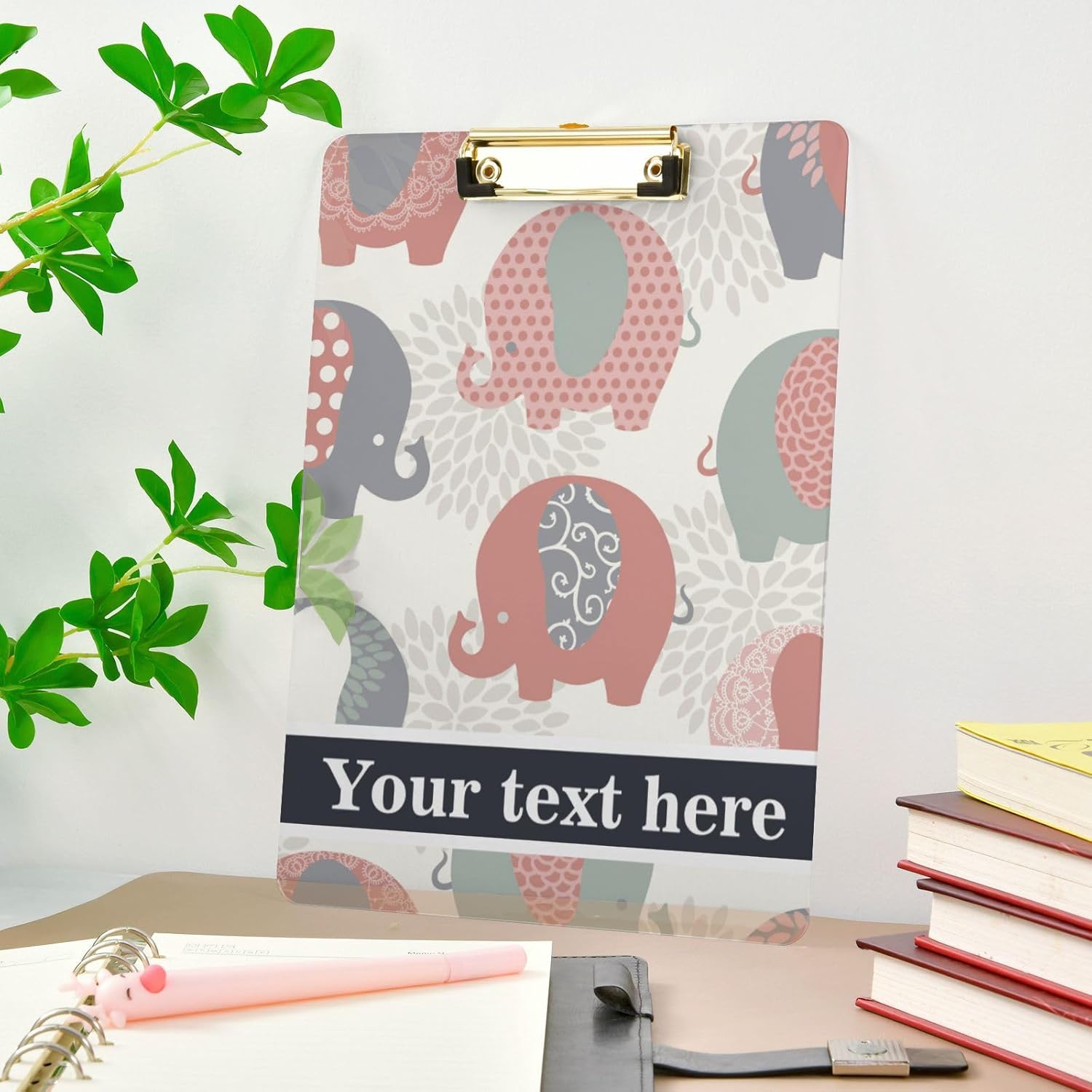 Portapapeles de plástico personalizados con bonitos elefantes coloridos, tamaño carta estándar, cartón personalizado con clip de metal de perfil