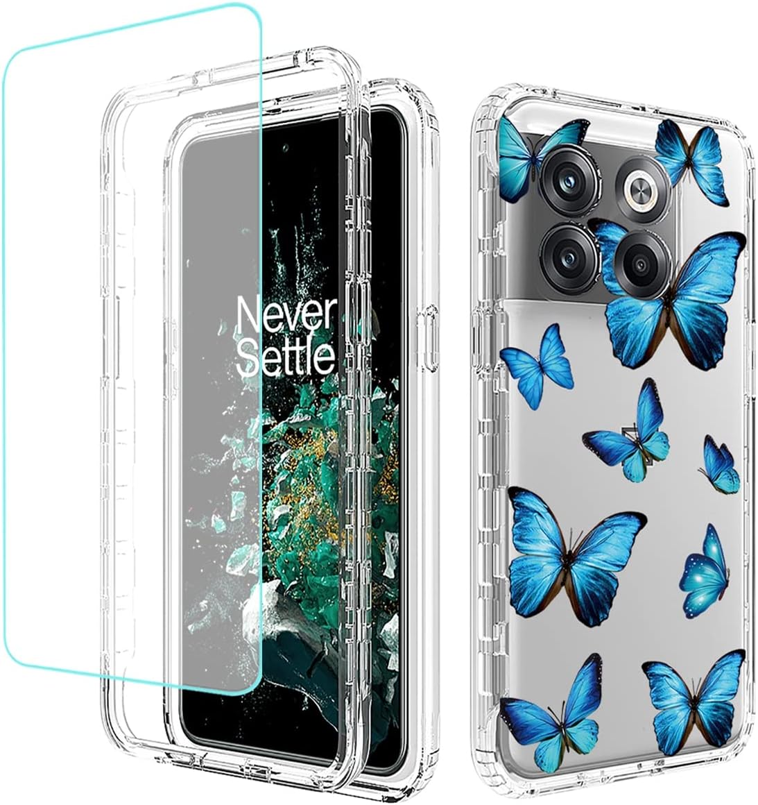 Funda para OnePlus 10T 5GOnePlus Ace Pro, CPH2415 con protector de pantalla de vidrio templado, funda protectora de TPU transparente floral a prueba