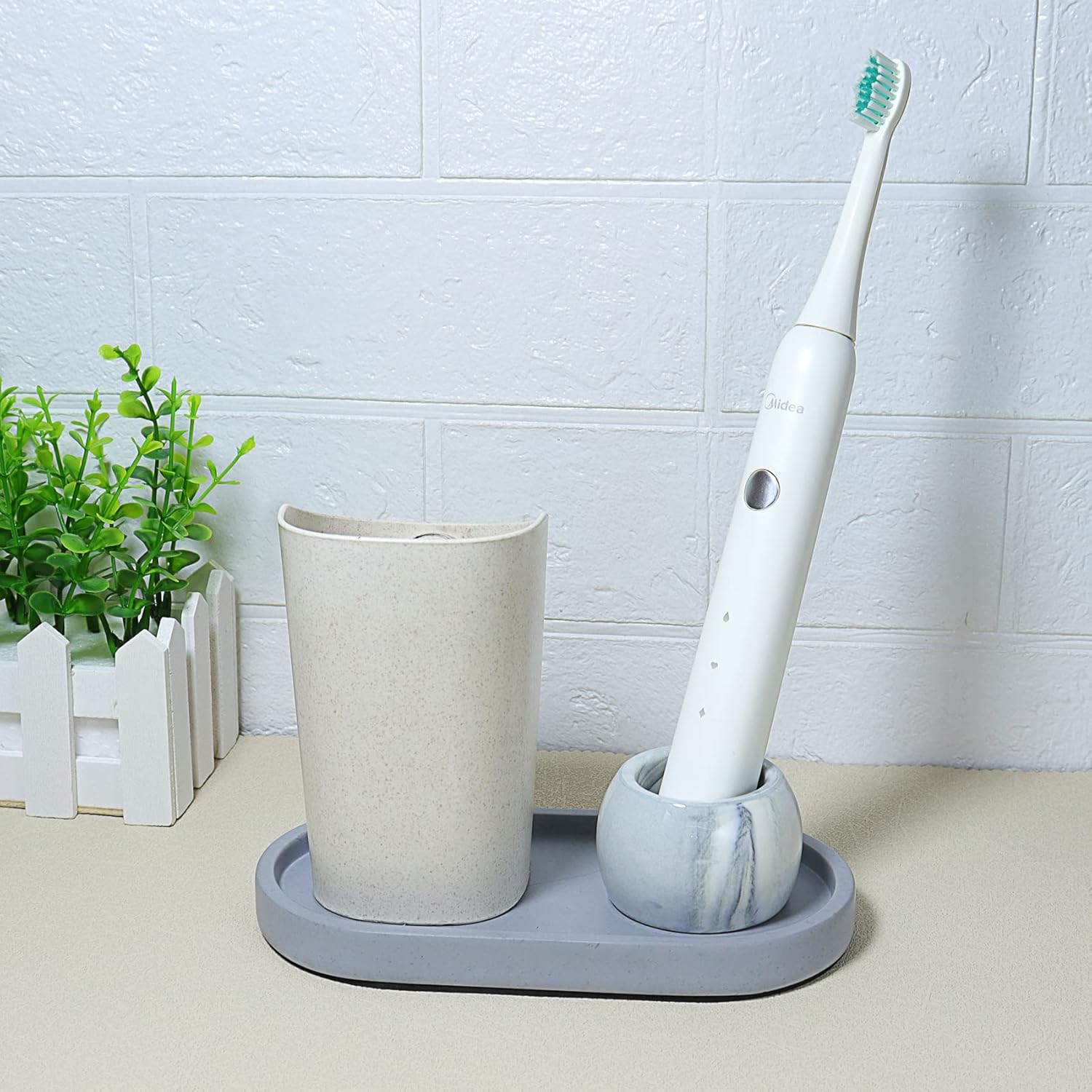 Soporte pequeño de cerámica para cepillo de dientes eléctrico para encimera de tocador de baño, juego de 2, gris