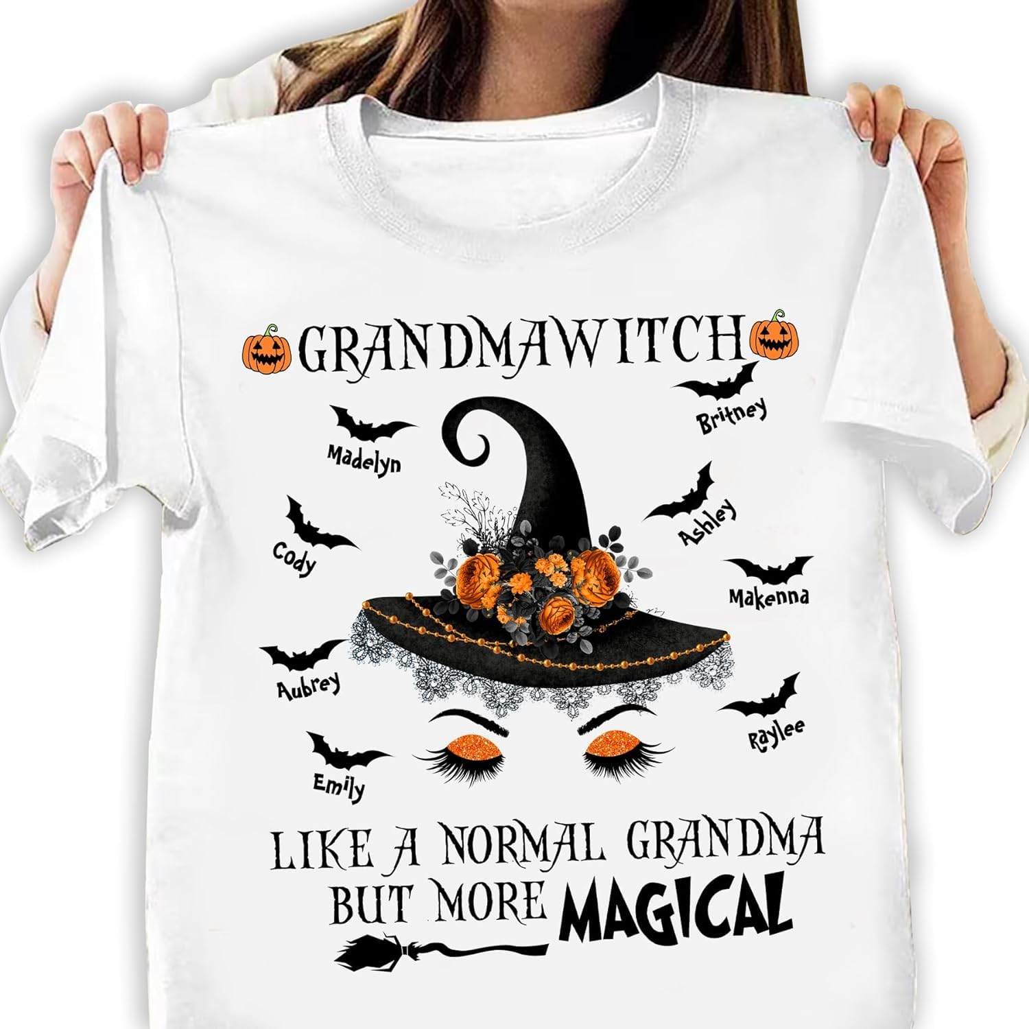 Personalized Spooky Grandma Halloween Shirt, Grandma Witch Mommy Witche Shirt, Custom Kids’ Name, Halloween Costume Gift for Nana, Mimi (Style 5)