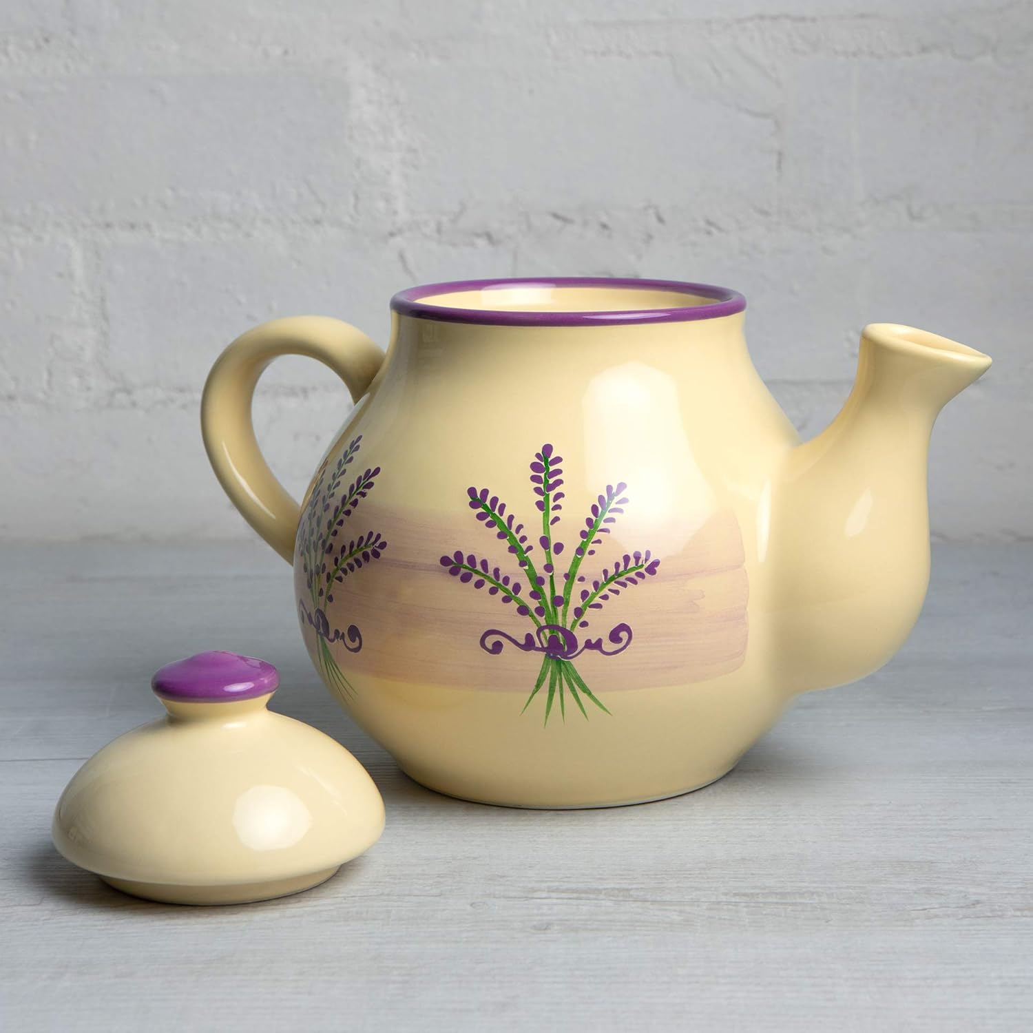 Tetera de cerámica grande hecha a mano con diseño floral de lavanda, morado y crema, 4-6 tazas con asa y tapa, regalo único de inauguración de la
