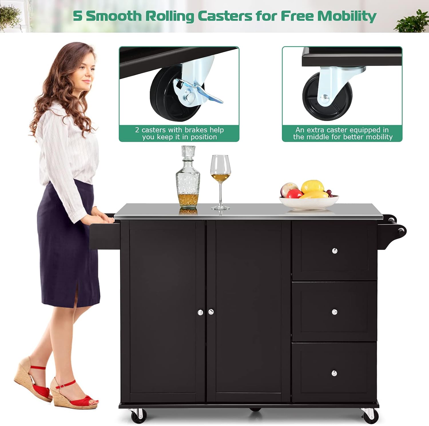 Giantex Isla de cocina con encimera de acero inoxidable, carrito de cocina con soporte para toallas y estante para especias, 3 cajones, estantes