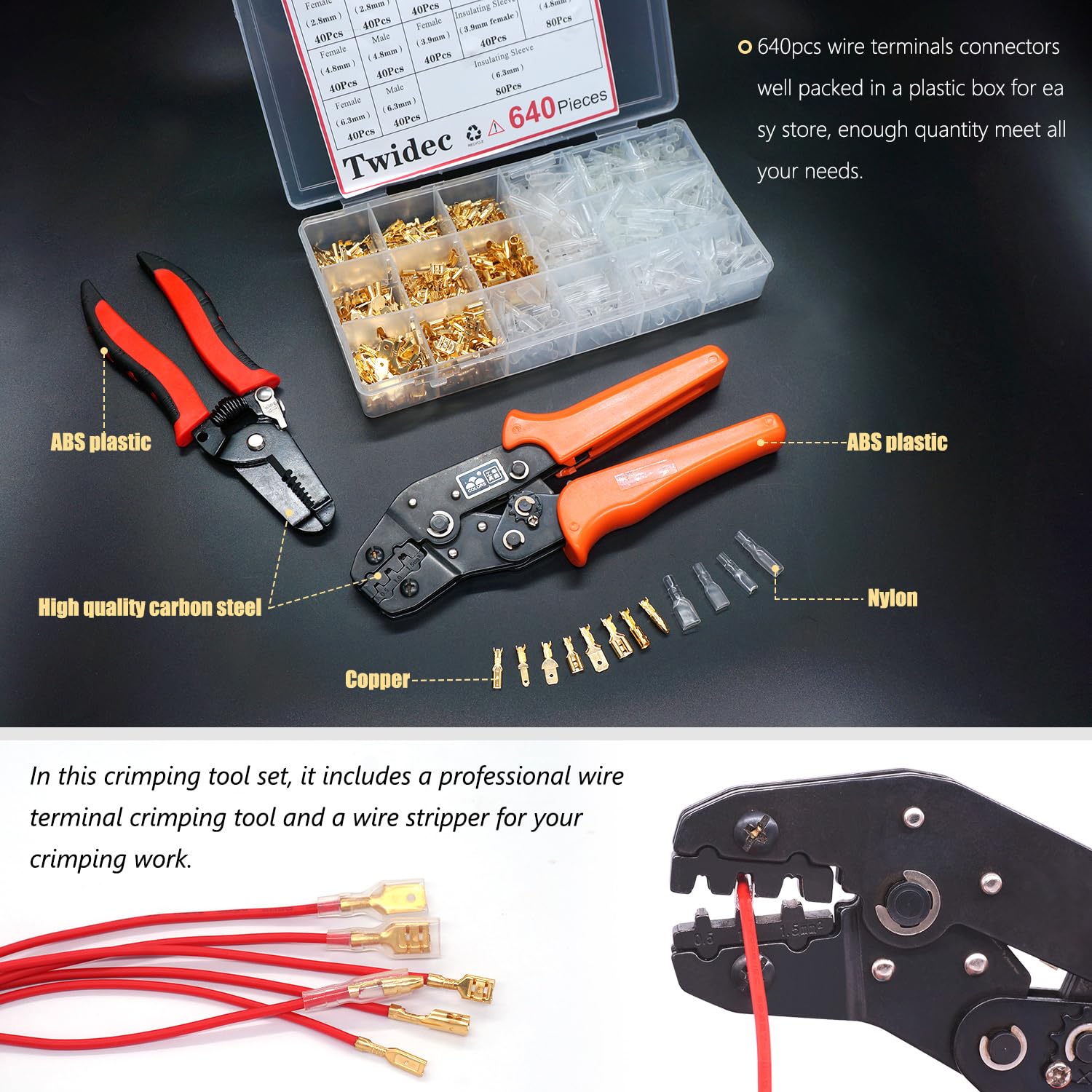 Twidec 640pcs 2.84.80.248 in empalme rápido macho y hembra conector de pala de alambre Kit dorado con terminal de alambre Alicates de prensado