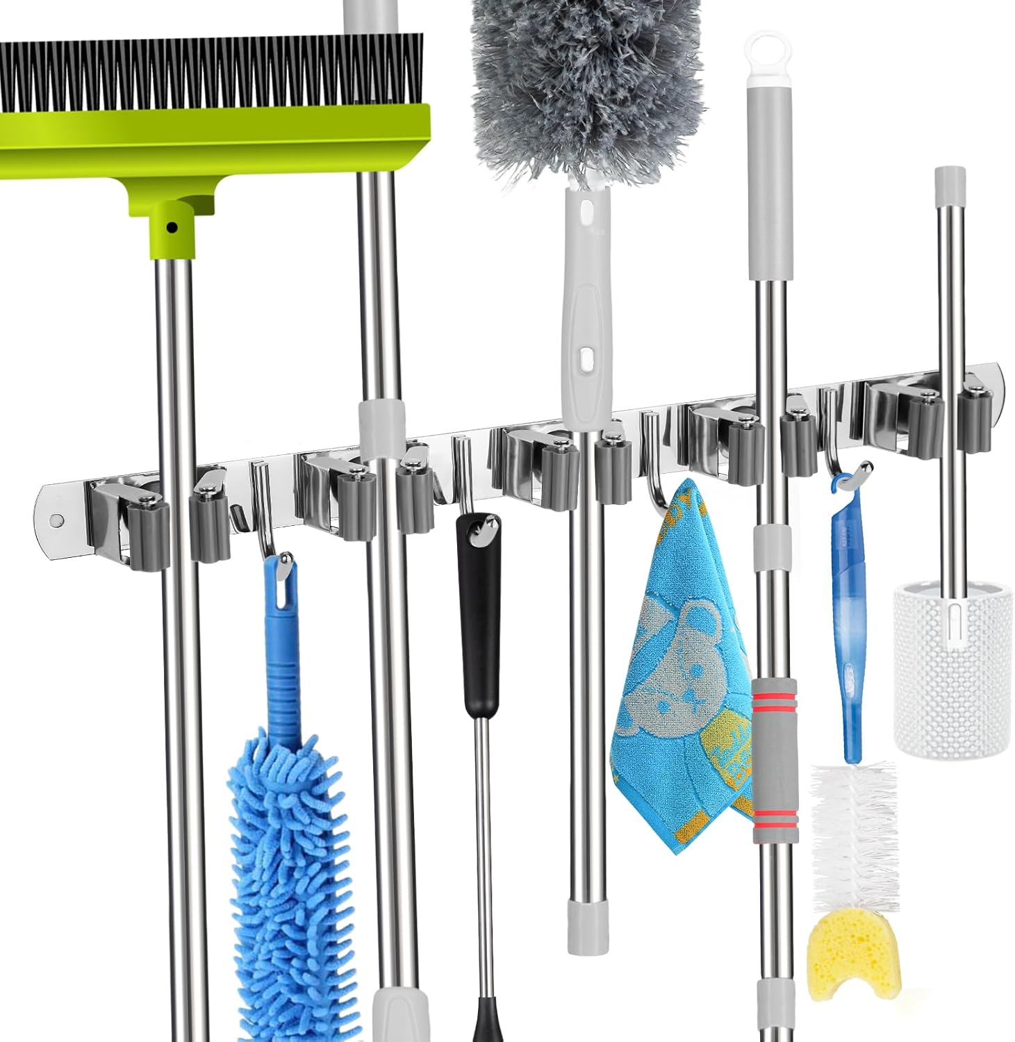 voze 5 estantes y 4 ganchos, soporte de pared para trapeador y escoba, autoadhesivo, resistente, organizador de escobas, estantes de herramientas de