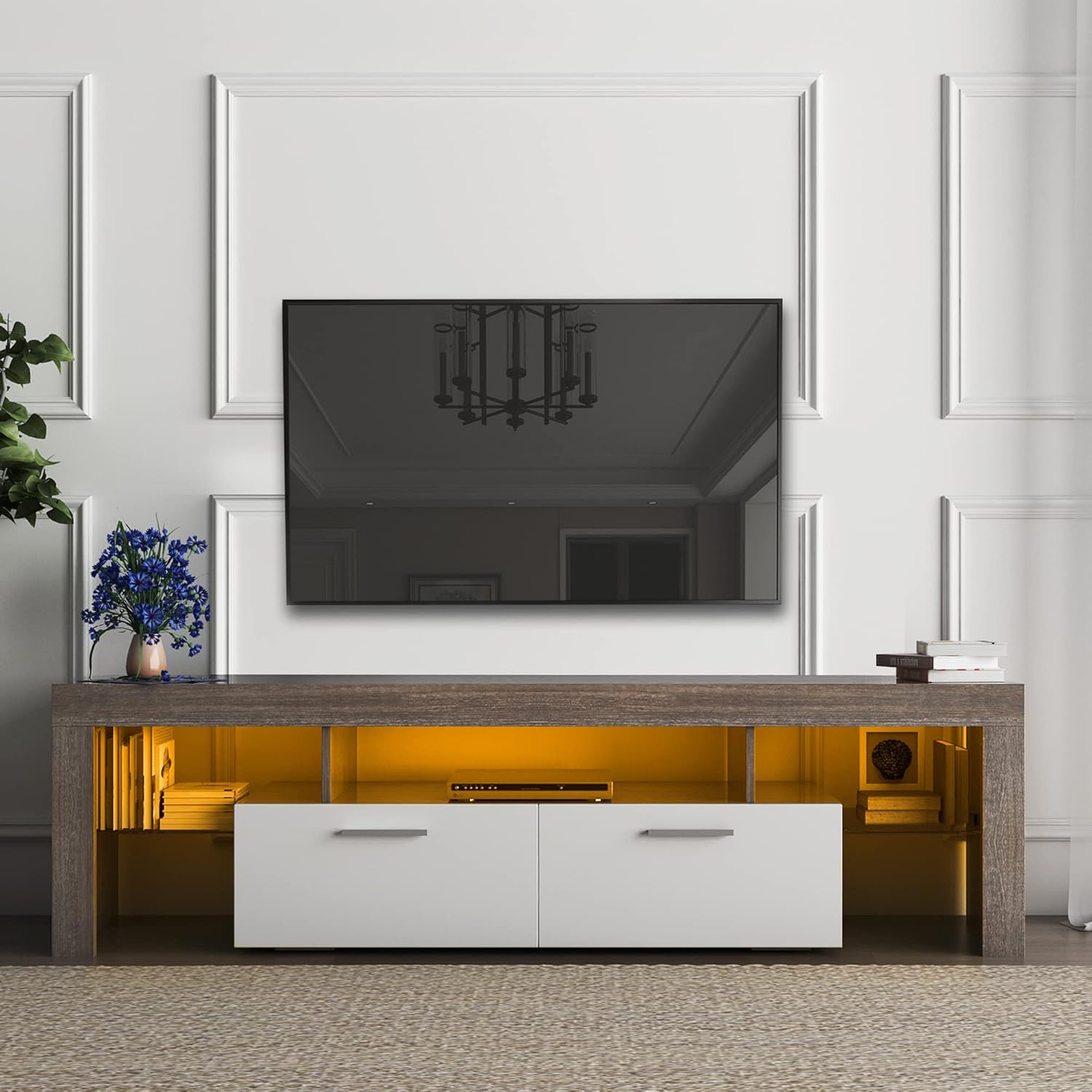 Koifuxii Soporte de TV moderno de mediados de siglo para TV de 40, 50, 55, 60, 65, 70 pulgadas, soporte de TV LED con gabinete de almacenamiento,