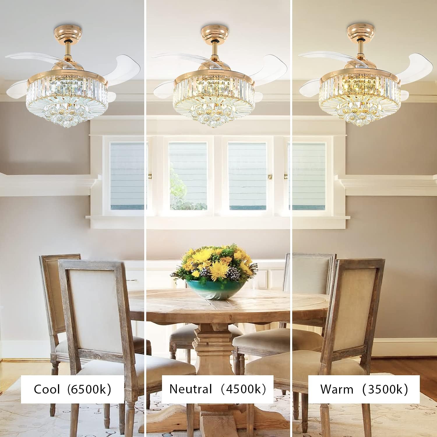 Siljoy Ventilador de techo retráctil con control remoto de luz, moderno ventilador de techo de cristal dorado, 3 vías regulable de 6 velocidades de