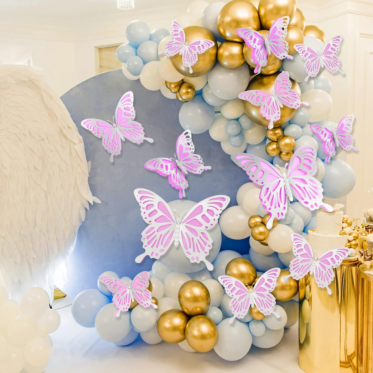HMASYO 12 piezas de decoración de fiesta de mariposa grande con perlas, mariposas de papel grandes moradas en 2 tamaños, decoración de mariposa